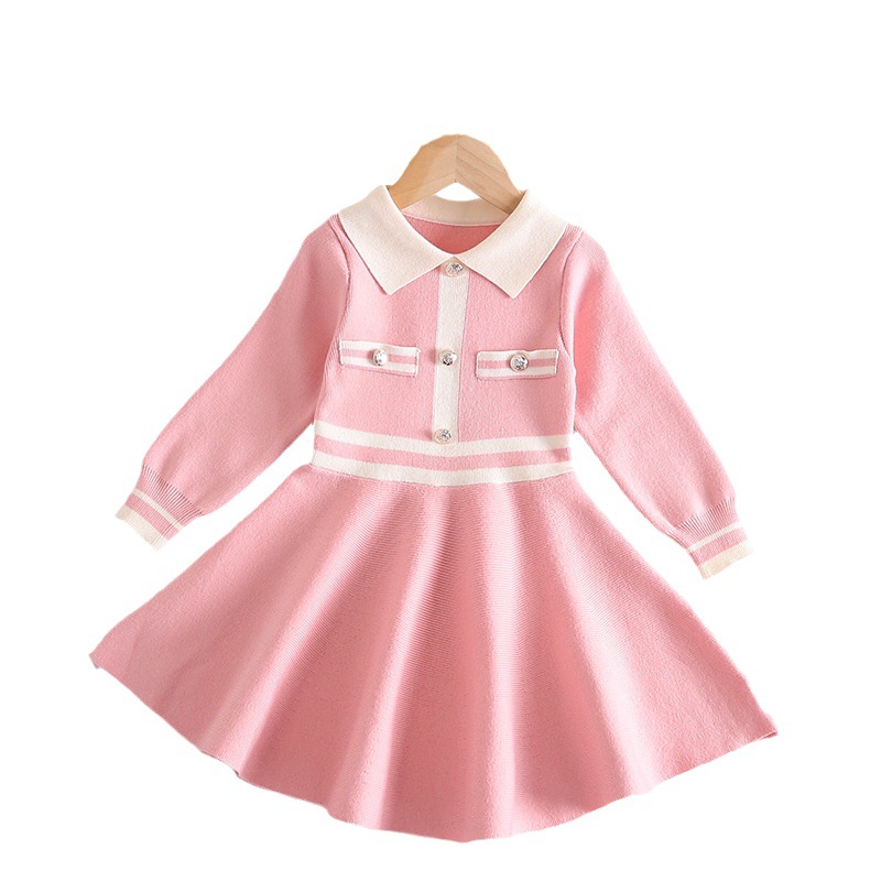 Children's reverse collar sweater fashionable western-style slim fit knitted dress, girl's big_voghion.com