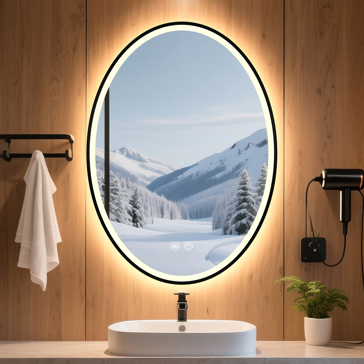 Hoteles transfronterizos residenciales espejo inteligente con marco de aleación de aluminio sin perforación de pared LED con lámpara de lámpara anti niebla baño elíptico