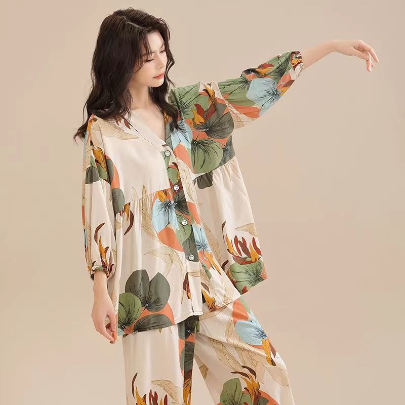 Summer Cotton Silk Pajamas for Women, Summer Three-Quarter Sleeve Pants, Air-Conditioned Clothes, Women's Home Clothes, Large Size Loose Fat Sister Suit