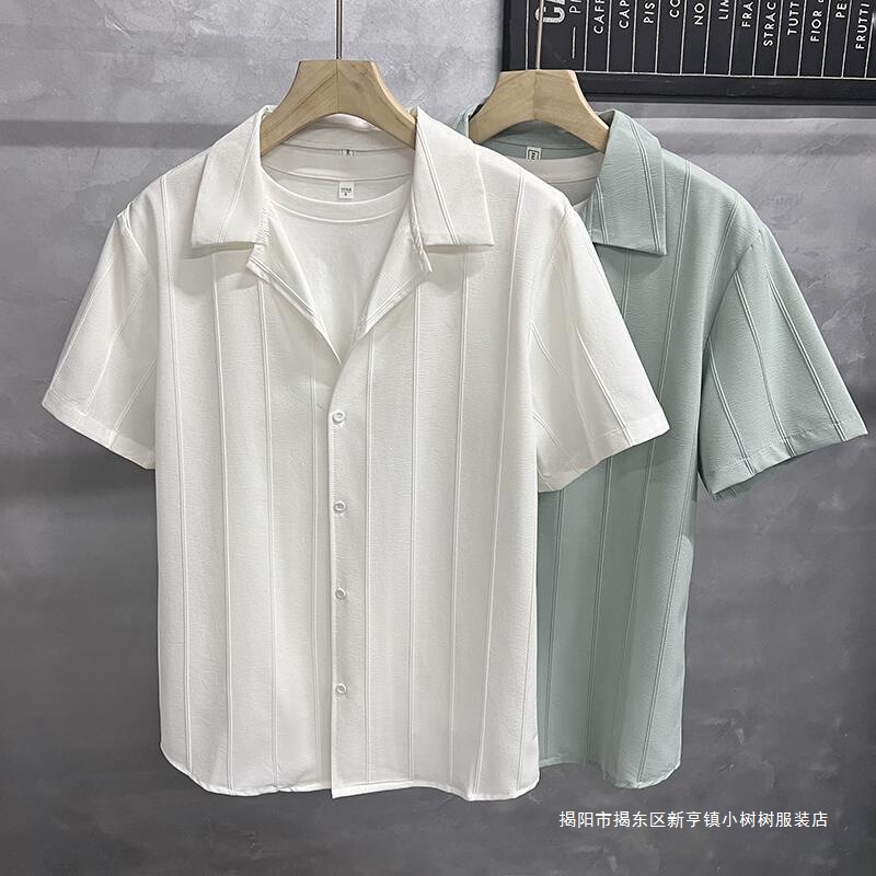 Men's Drapey Short-Sleeve Loose Collar Non-Iron Shirt with High-End Cuban Vertical Stripe Design Texture, Casual and Niche Style