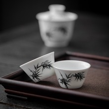 手绘墨竹品茗杯小茶杯平底杯陶瓷功夫茶具单杯白瓷家用客杯釉下彩