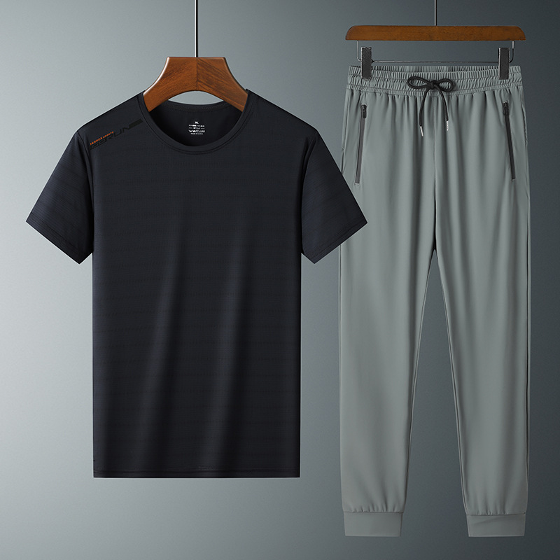 Moda pantalones de seda de hielo cuello redondo Camiseta de dos piezas para hombres talla grande suelta de secado rápido traje deportivo LOGO se puede formular