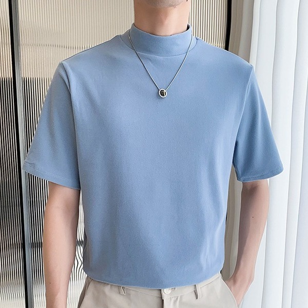 2024 젊고 성숙한 스타일의 남성 고급 반팔 티셔츠 봄, 가을 하프 터틀넥 기본 솔리드 컬러 바닥 셔츠