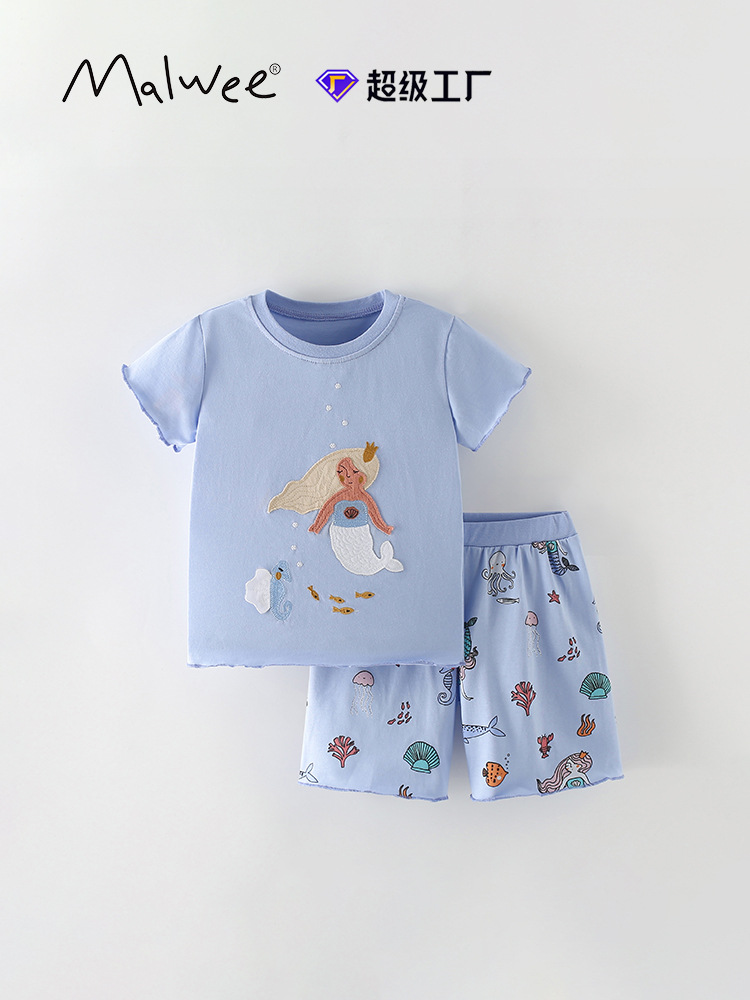 Trajes infantiles transfronterizos malwee verano nuevo estilo europeo y americano para niños de cuello redondo pantalones cortos de manga corta de dos piezas para niñas