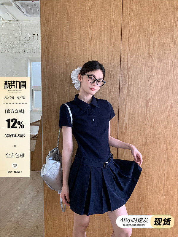 宋正恩学院风polo领连衣裙女夏季高腰小个子高级绝美a字百褶短裙|undefined