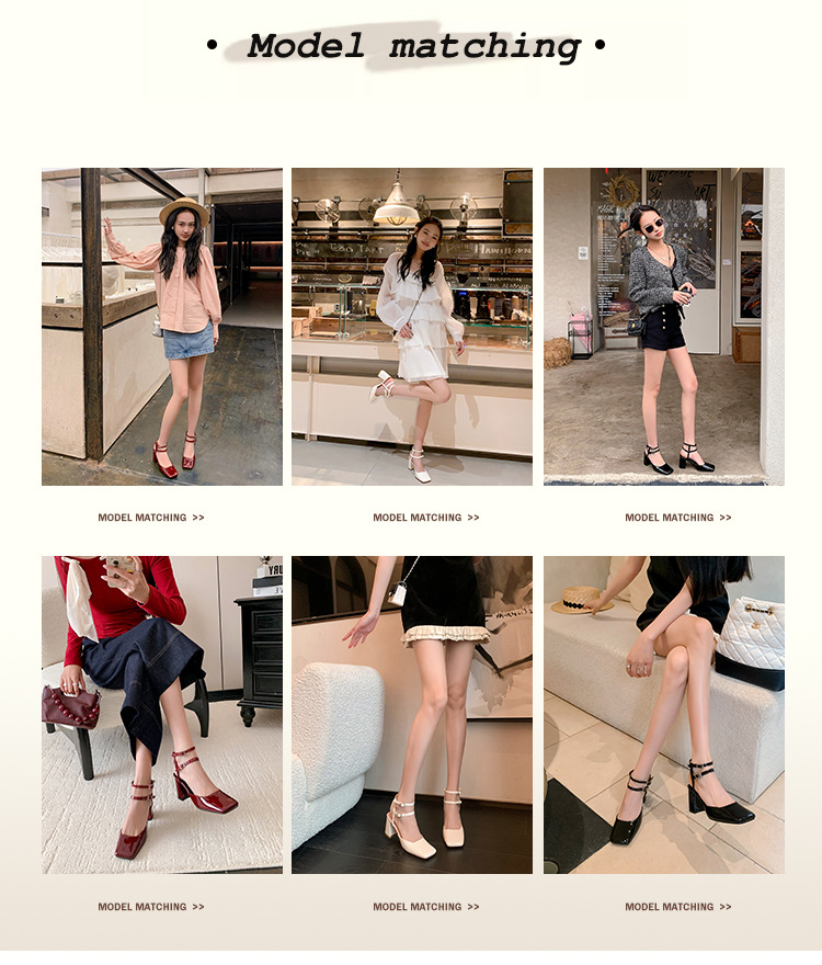 Giày sandal cao gót nữ mũi vuông bít mũi quai ngang gót thô da thật — Màu đen chi tiết 6