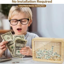 木质存钱罐男孩女孩零钱存储盒硬币储物透明展示盒带计数目标