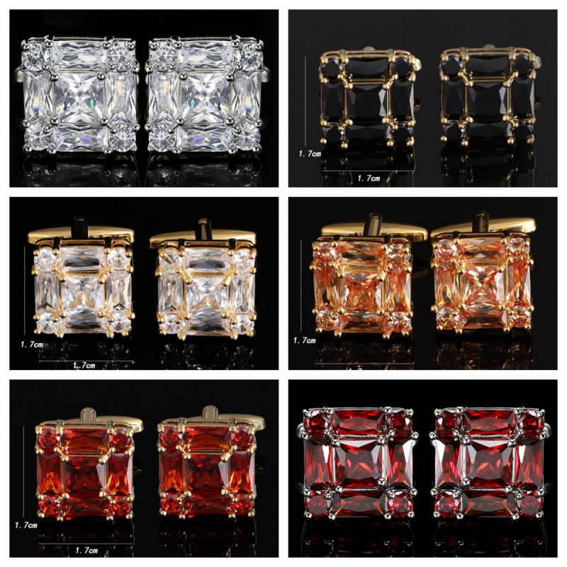 Square Cufflinks Men's Shirt White Diamond Wine Red Champagne Black Real Gold White Steel Zircon Sleeve