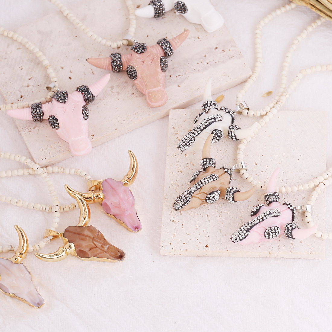 new bohemian bull head full rhinestone bull head pendant necklace