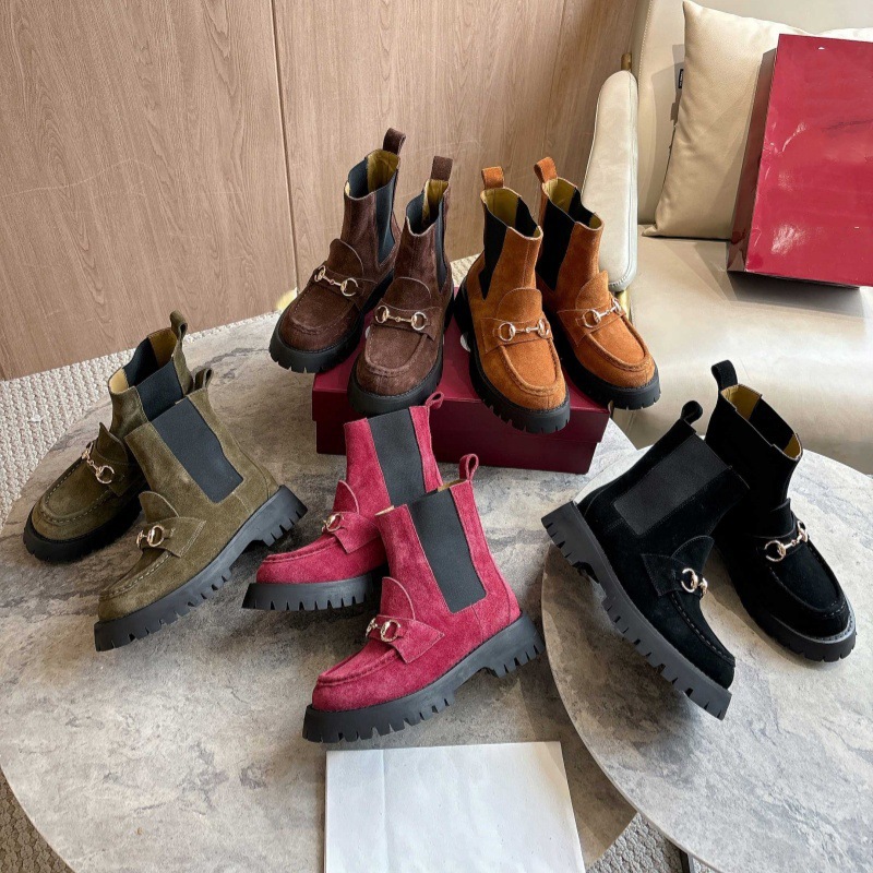 对版2025秋冬g家真皮圆头英伦复古马衔扣厚底套筒显短靴切尔西靴