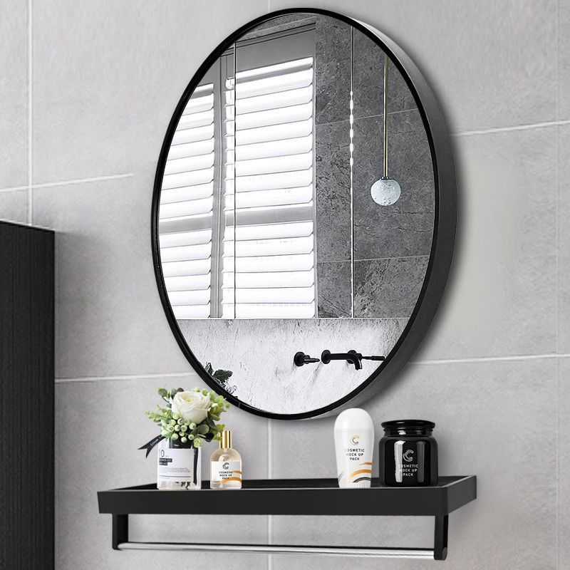 Bathroom Bathroom Mirror Round Household Wall-Mounted Self-Adhesive Punch-Free Toilet Makeup Mirror Factory with Storage Rack