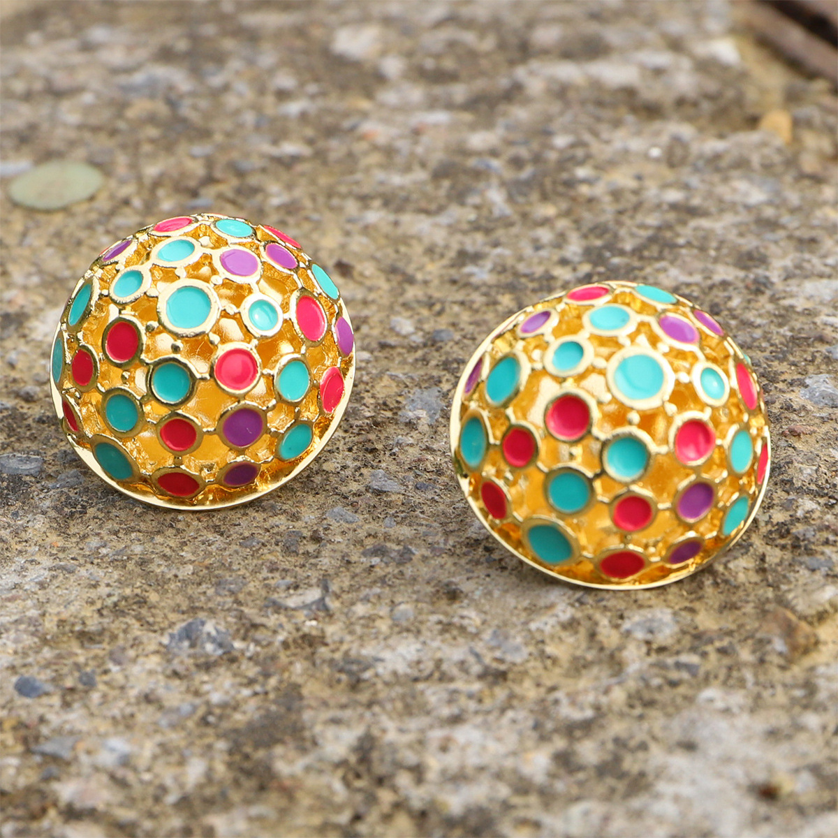 Vintage Colorful Spoted Dripping Oil Hollow Ball Metal Earrings