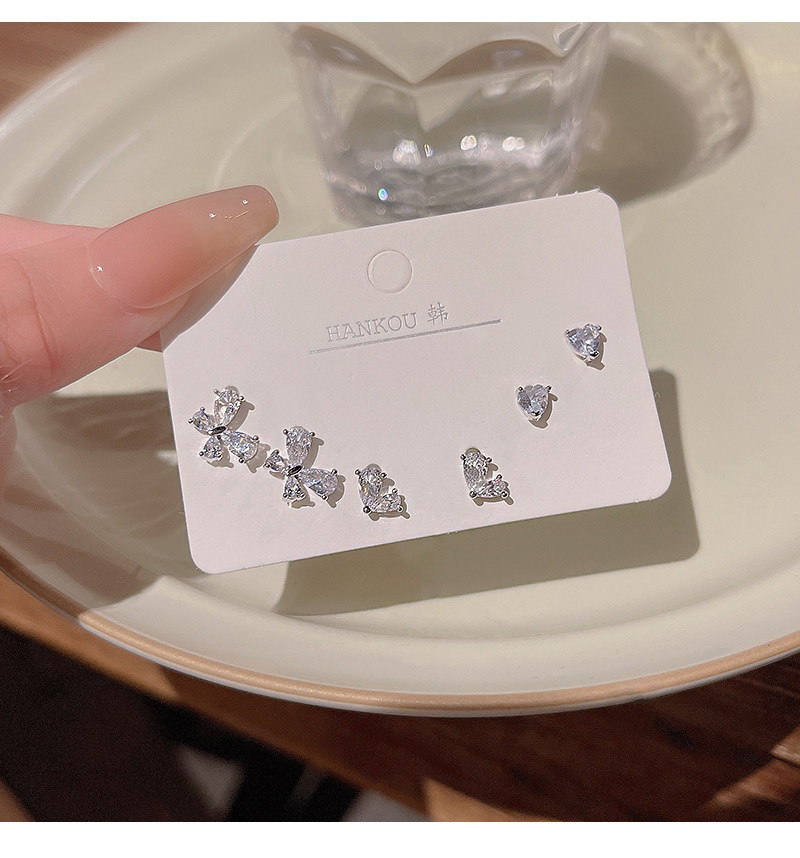 Fashion Heart Shape Bow Knot Copper Inlay Zircon Ear Studs 1 Set