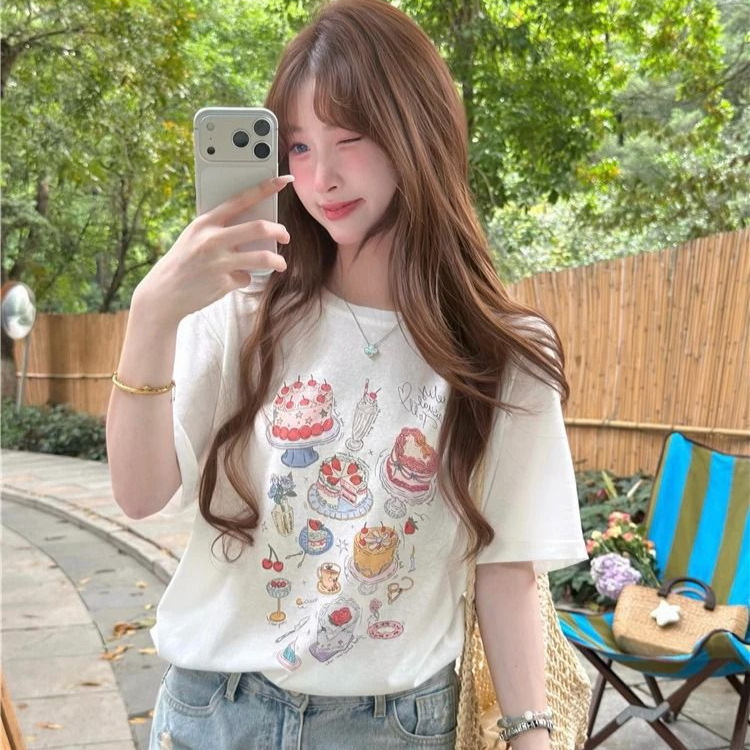Plus-Size Round-Neck Pure Cotton Short-Sleeve T-Shirt for Women, Summer 2026 New Style, Slimming Design for Curvy Women, Unique Printed Top