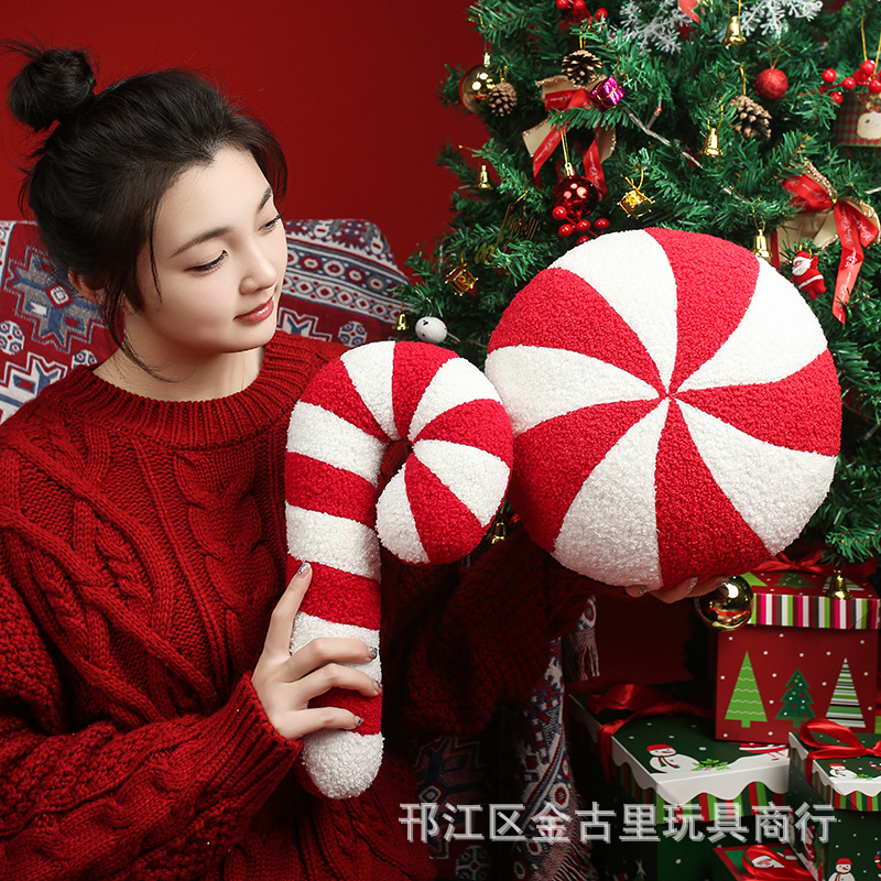 Cross-Border New Product Candy Cane Pillow 3D Candy Plush Pillow Cushion Creative Christmas Decoration Candy Pillow Wholesale