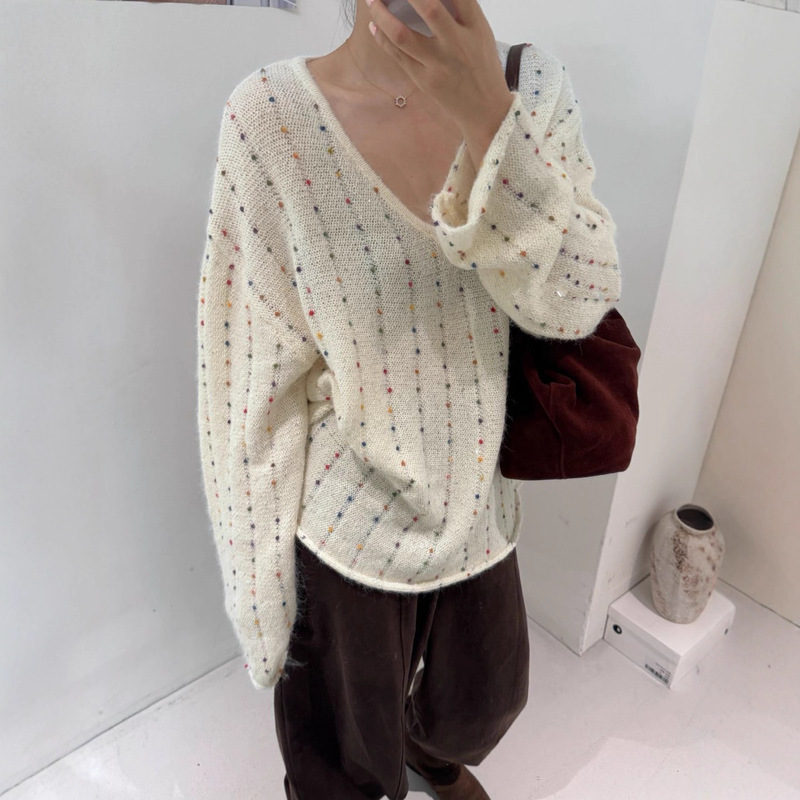 高级G混色彩纱洋气显瘦V领毛衣女秋冬季新款复古美拉德针织衫上衣|undefined