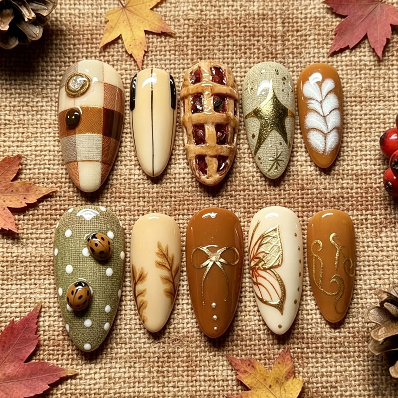 Autumn Vintage Plaid Press-On Nails, 3D Almond Manicure, Ladybug, Hand-Painted Maple Leaf, Bowknot Nail Tips Wholesale Autumn Vintage Plaid Press-On Nails, 3D Almond Manicure, Ladybug, Hand-Painted Maple Leaf, Bowknot Nail Tips Wholesale