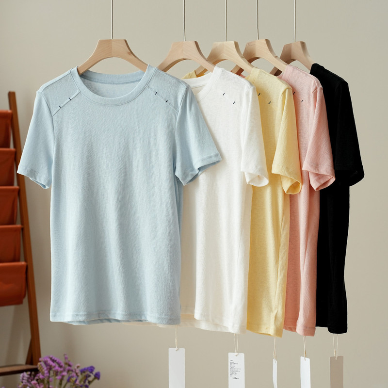 Snowflake Cotton Women's Regular Shoulder Patchwork Round Neck Short-Sleeve T-Shirt with Coarse Cotton Texture, Summer Style Women's Clothing Snowflake Cotton Women's Regular Shoulder Patchwork Round Neck Short-Sleeve T-Shirt with Coarse Cotton Texture, Summer Style Women's Clothing