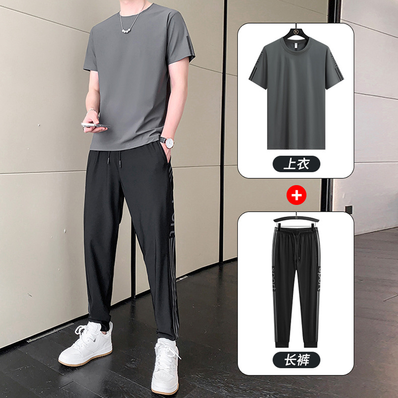 Traje deportivo de verano de los hombres de gama alta de los hombres casuales de seda de hielo de manga corta Camiseta pantalones largos ropa para correr al aire libre