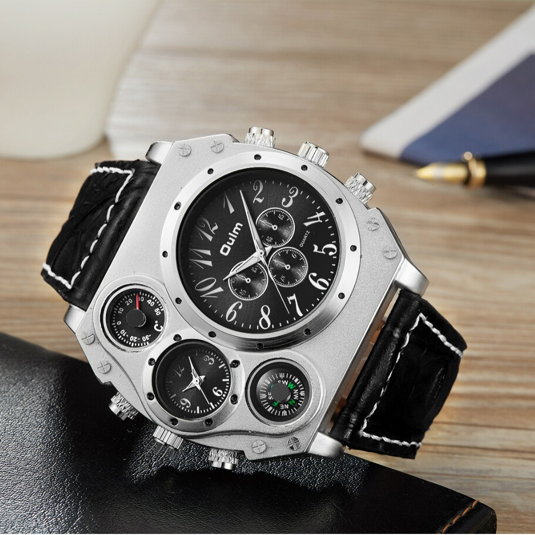 Oulm Large Dial Multi-Time Zone Men's Watch Leather Strap Quartz Watch Casual Men's Watch Hp1349 Cross-Border Hot Sale