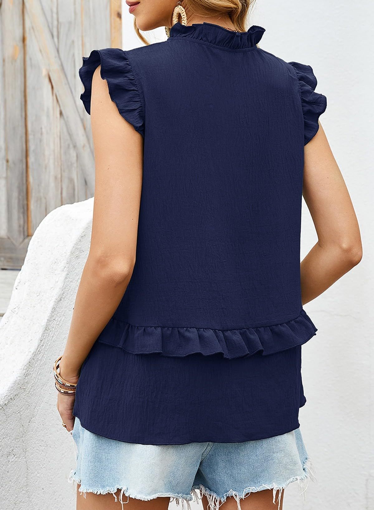 Women's Sleeveless V-Neck Blouse With Ruffle Trim, Flowy Relaxed Fit Casual Shirt For Summer ​Versatile And Easy To Wear_ecoleips.com