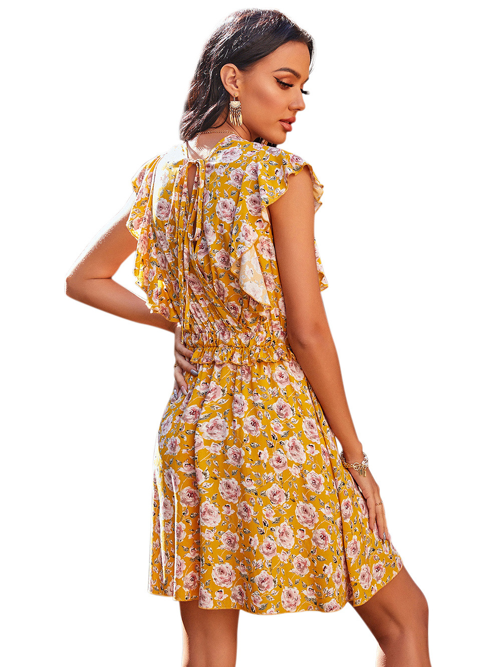 V-neck a-line waist printed dress NSDF36047