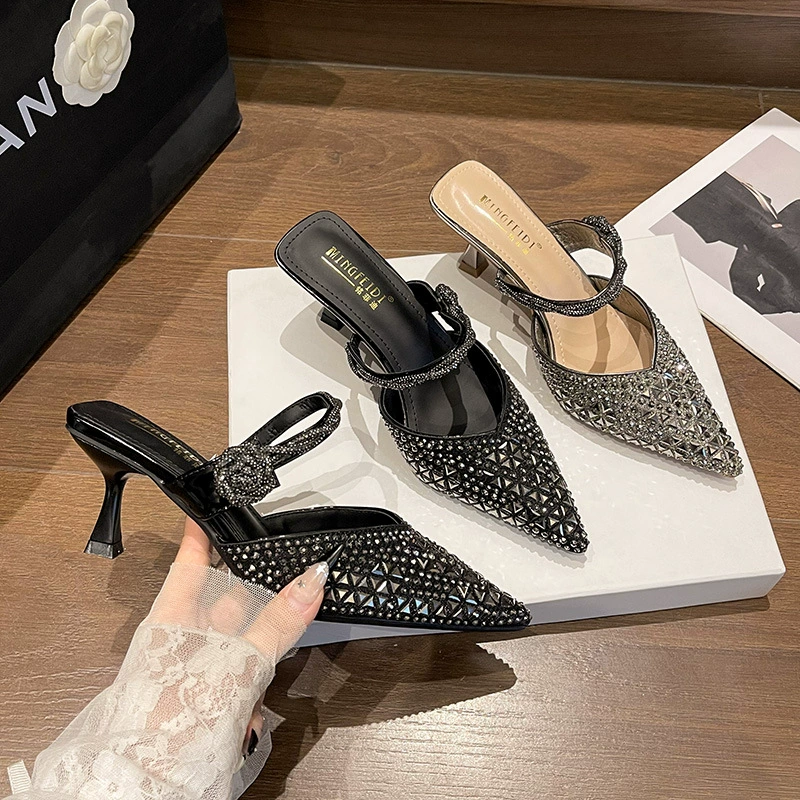 Модные новые босоножки на высоком каблуке-шпильке для женщин, летние открытые с открытым носком и стразами, универсальные мюли.