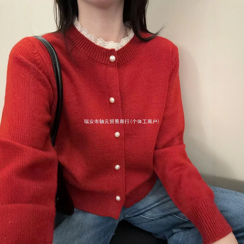 2026 new knitwear top, autumn collection, stylish women's red sweater with lace trim, cardigan jacket for women 2026 new knitwear top, autumn collection, stylish women's red sweater with lace trim, cardigan jacket for women