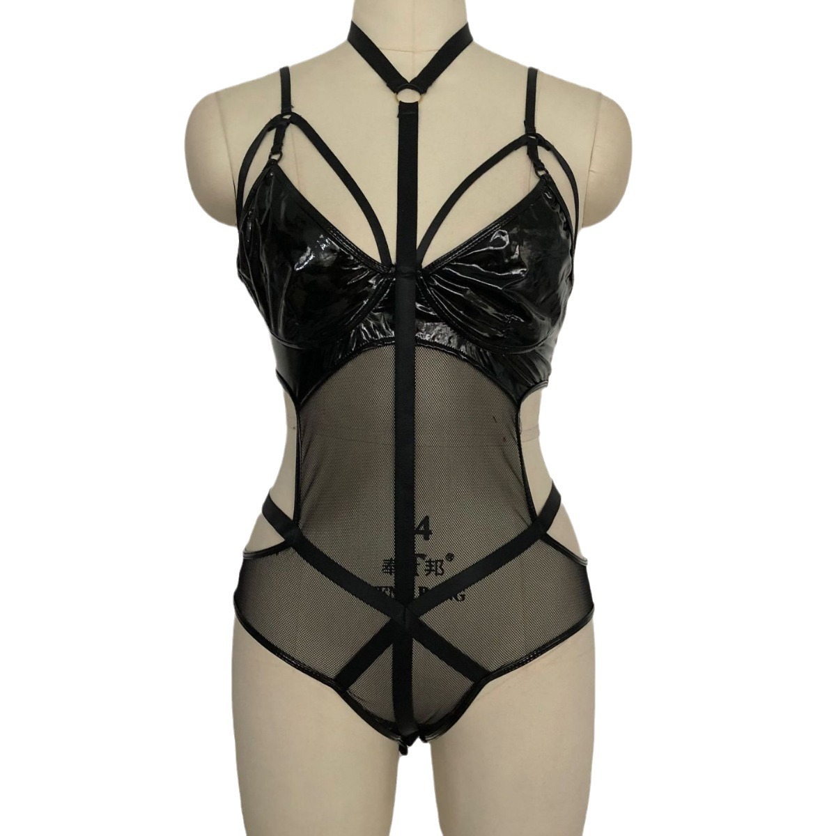 2021 complejo de costura de malla tejida Halter lencería sexy bottoming Top jumpsuit pintura espejo de cuero PVC