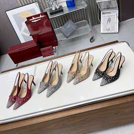 2025新款欧美彩色水钻高根印花复古尖头女鞋气质高跟凉鞋后空轻奢