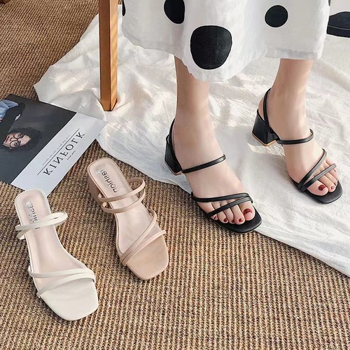 Black Fine Belt Sandals Women 2020 New Mid-Cheel Sandals Women Outdoor Wearing Thick Heel One Strap Sandals Square Toe Sandals