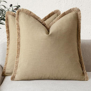 2025 Summer Amazon Bohemian Style Washed Cotton Tassel Solid Color Pillow Cover Living Room Sofa Cushion