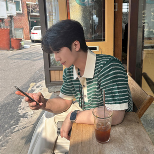 Myq Contrasting Stripesd Knitted Short-Sleeved Men's Summer Loose Half-Sleeved Polo Shirt Korean Design Niche Top