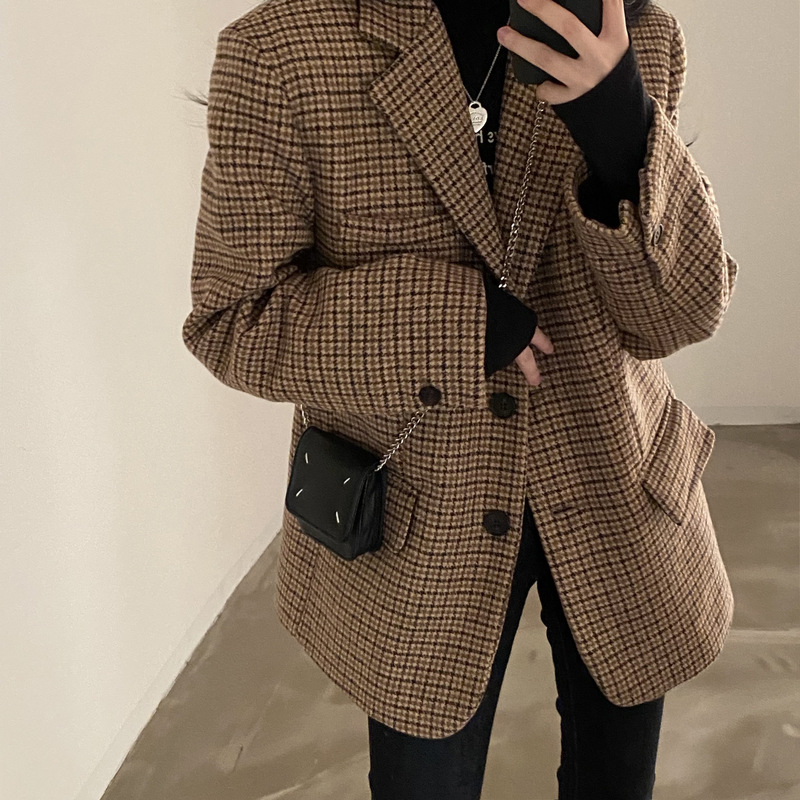 Korean Chic Autumn Retro Style Suit Collar Color-Blocking Houndstooth Loose Versatile Long-Sleeve Woolen Short Coat for Women