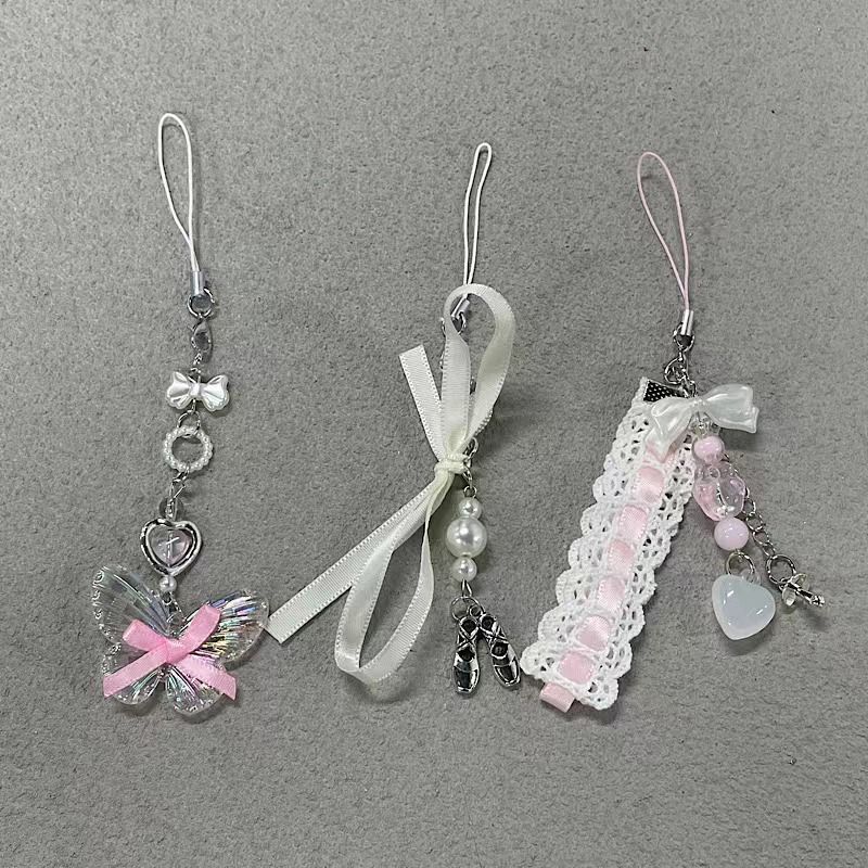 New Ballet Style Mobile Phone Chain Girl's Pink Heart Aesthetic Ballet Bow Ribbon Mobile Phone Chain Bag Pendant