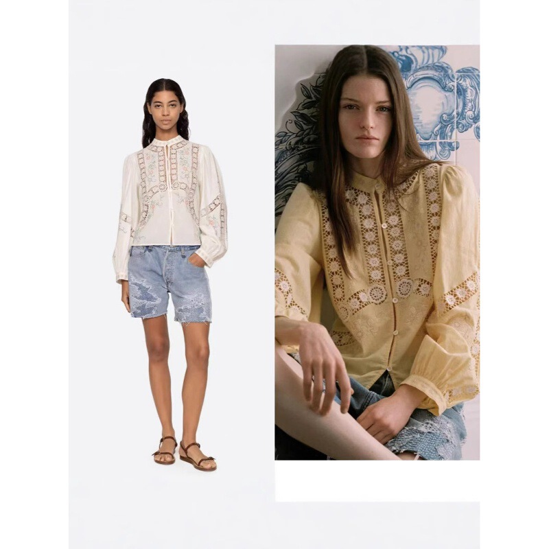 SA American-style long-sleeved T-shirt, new ethnic-inspired design with cross-stitch, hollow lace trim, and round neckline, featuring puff sleeves SA American-style long-sleeved T-shirt, new ethnic-inspired design with cross-stitch, hollow lace trim, and round neckline, featuring puff sleeves