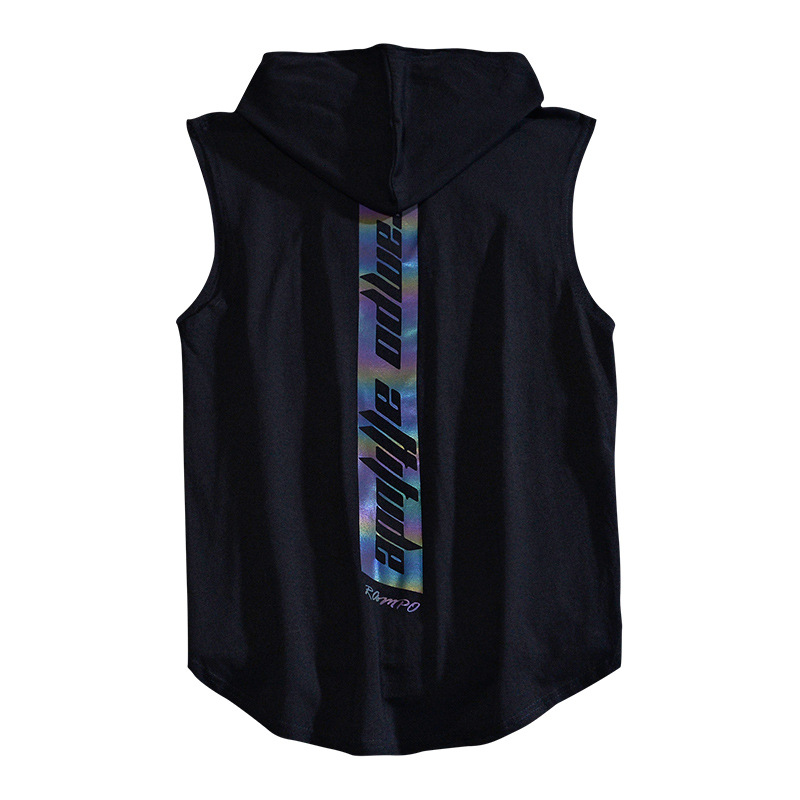 T-shirt senza maniche in cotone di cotone Xinjiang a fiocco lungo gilet maschile marea marca laser riflettente con cappuccio sciolto taglie forti T-shirt marea_voghion.com