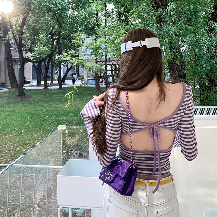 Cross-Border Autumn and Winter Striped Large U-Neck Backless Hollow-Out Tie Slim Fit Stretchy Long-Sleeve Right Shoulder T-Shirt for Hot Girls