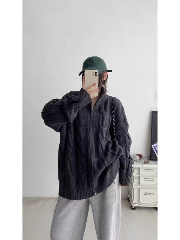 拉链立领开衫毛衣女款秋冬季美式慵懒风麻花设计感宽松针织衫外套|undefined