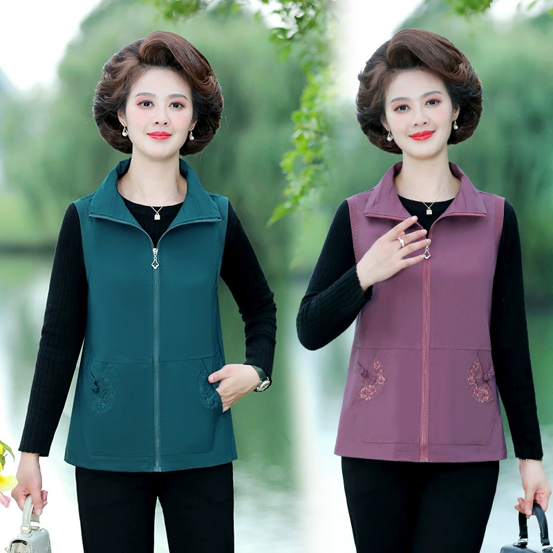 2024 весна новый среднего и пожилого возраста мать Тонкий вышитый жилет бабушка свободная молния плюс размер жилет пальто