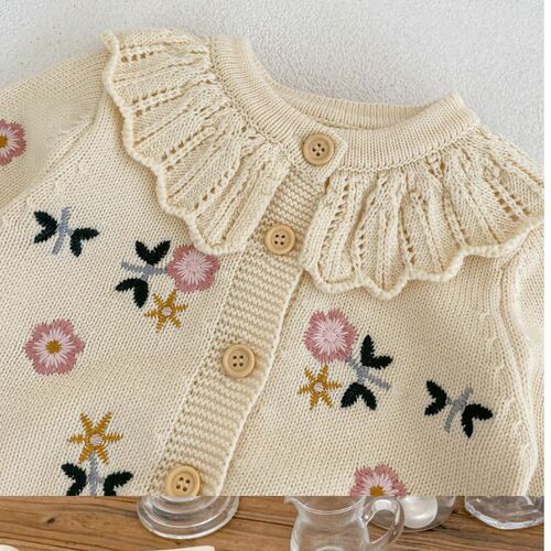 Spring versatile girls' children floral embroidered lotus leaf collar knit long-sleeved open jacket children's clothing