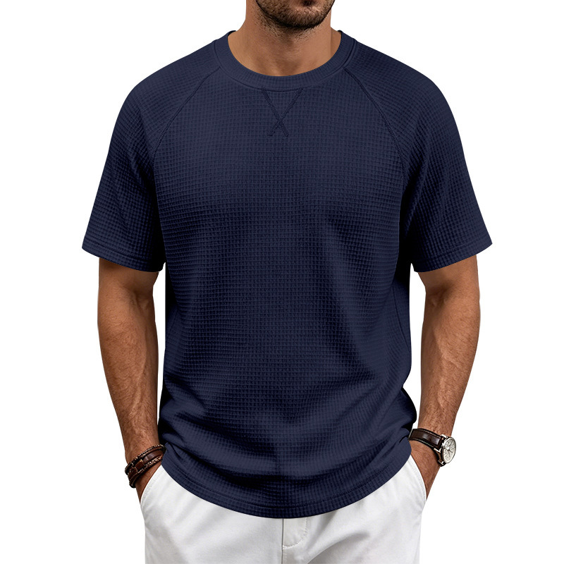 Men's Waffle Knit Short Sleeve T-Shirt, Breathable Textured Cotton-Like Fabric, Relaxed Fit Casual Tee For Summer_viptrois.com