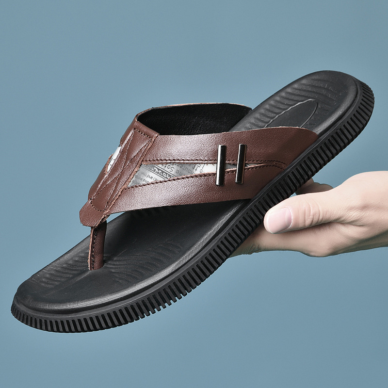 312男士人字拖鞋夾趾頭層牛皮面平底時尚百搭舒適涼拖鞋戶外沙灘