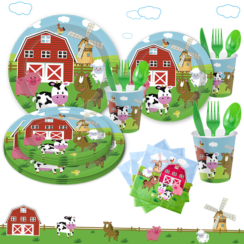 Amazon Animal Farm Tema del partido traje de cumpleaños de los niños taza de papel desechable Placa de papel mantel decoración al por mayor