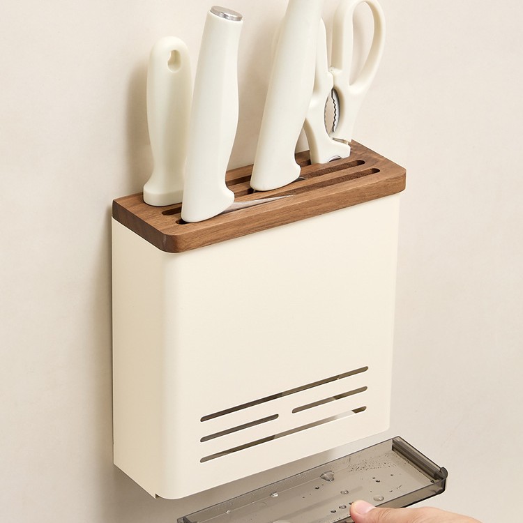 Milky White Walnut Knife Holder Storage Rack Kitchen Wall-Mounted Knife Holder Chopstick Barrel Integrated Multi-Functional Knife Storage Rack