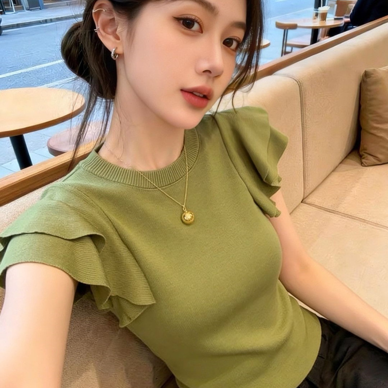 Shanlida Di French-Style Green Ruffled Round-Neck Short-Sleeve Knit Top for Women, New Summer Design, Very Youthful and Flattering