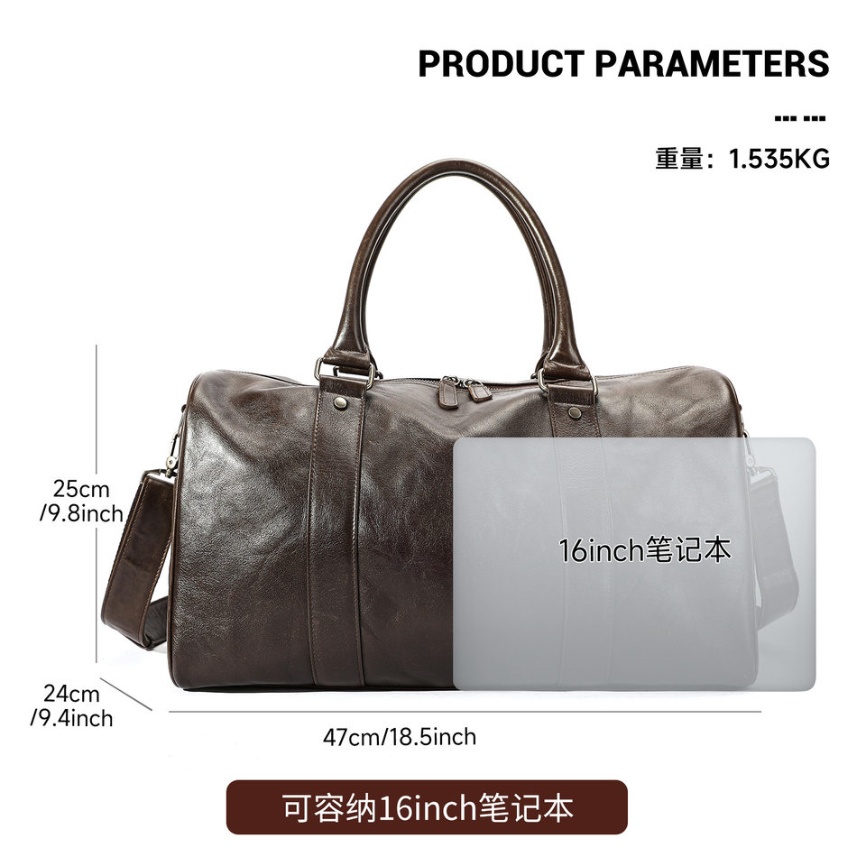 Túi du lịch nam da bò thật Marunte dung tích lớn 47×24×25 cm, dây đeo vai điều chỉnh, cầm tay và đeo chéo — 4801 nâu, Màu cà phê, Màu xám đen