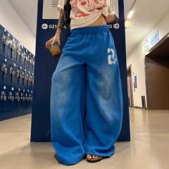アメリカンレトロブルーワイドレッグパンツ、男性と女性用、春と秋のルーズドレープカジュアルパンツ、巾着グラデーションスコールズウェアパンツ