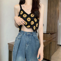 Sunflower Embroidered Lacy V-Neck Sleeveless Knit Small Backless Bralette for Women, 2023 Summer Korean Style Sweet and Versatile Tank Top