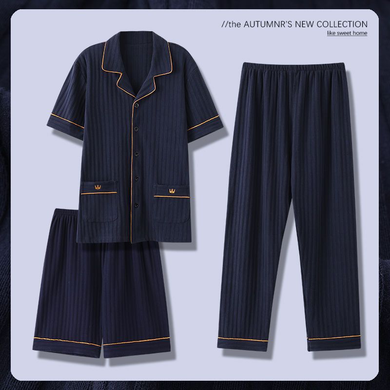 Pijama de algodón 100% para padres de mediana edad y ancianos cardigan de manga corta para hombres de verano traje de verano de tres piezas de primavera